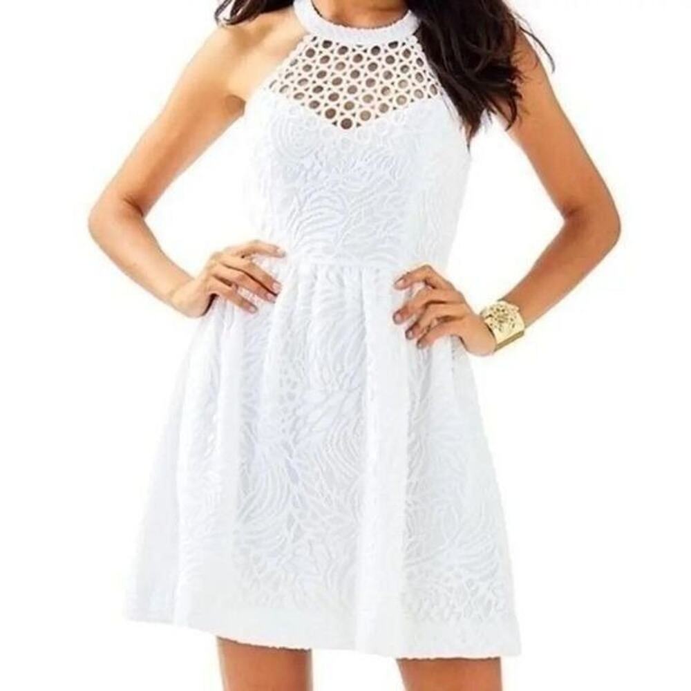 LILLY PULITZER KINLEY DRESS, WHITE,‎ TROPICAL FRUIT LACE, NWT $238, 6